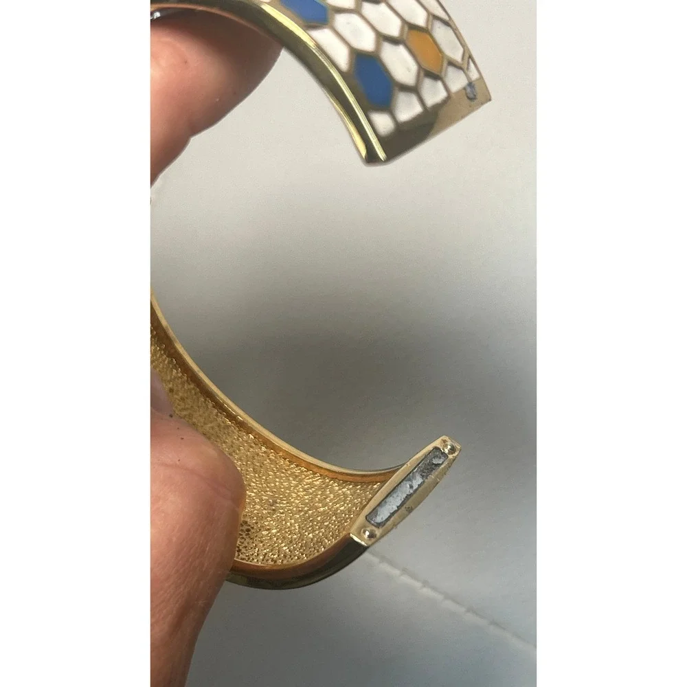 MMA Honeycomb‎ Enamel Bangle Watch Gold Blue White Art Deco Cuff